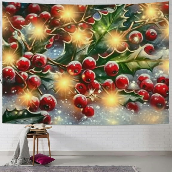 BCIIG Holly Berries Snow Lights Tapestry Wall Hanging Unique Style for Home Wall Decor Art - Christmas Short Plush Wall Beautification Holiday Decoration 40x30inch