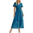 thumbnail image 3 of Neewe Robe Maxi d'Été pour Femmes, Ample, Unie, Col en V, Manches Courtes, Tunique, Taille Plissée, Décontractée, Longueur Cheville, Ourlet en Dentelle, 3 of 7