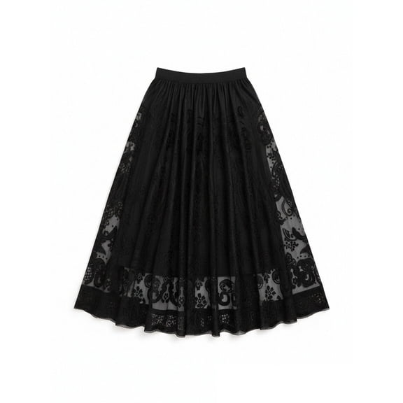 Women's Black High Waisted Heavyweight Floral Lace A-Line Flared Evening Maxi Skirt for Formal Gala Wedding Guest and Cocktail Party
