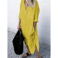 thumbnail image 2 of Womens Casual Loose Cotton Linen Long Shirt Dress Lapel Button Cuffed Sleeve Side Split Dresses with Pockets Yellow L, 2 of 3
