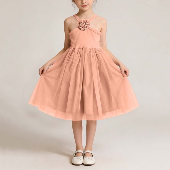 Cethrio Summer Dresses for Girl 2026, Neck Strap Sleeveless Vacation Mesh Kids Midi Dresses Pink Size 7-8 T