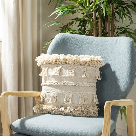 SAFAVIEH Loli 16" x 16" Farmhouse Plush Pillow, Beige