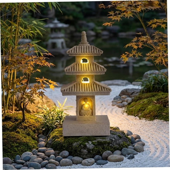 Solar Japanese Lantern Pagoda Statue with LED Light | 10 Inch All-Weather Zen Garden Decor for Backyard Balcony Patio Lawn Yard | Khaki