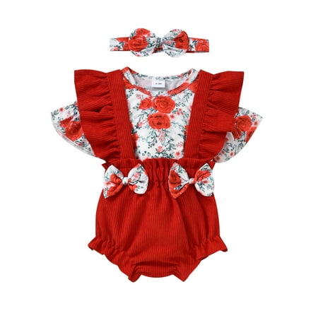 

Canrulo 3Pcs Newborn Girls Outfit Toddler Flower Print Short Sleeve T-Shirt Tops Ruffle Suspender Shorts Headband Set Red 6-9 Months