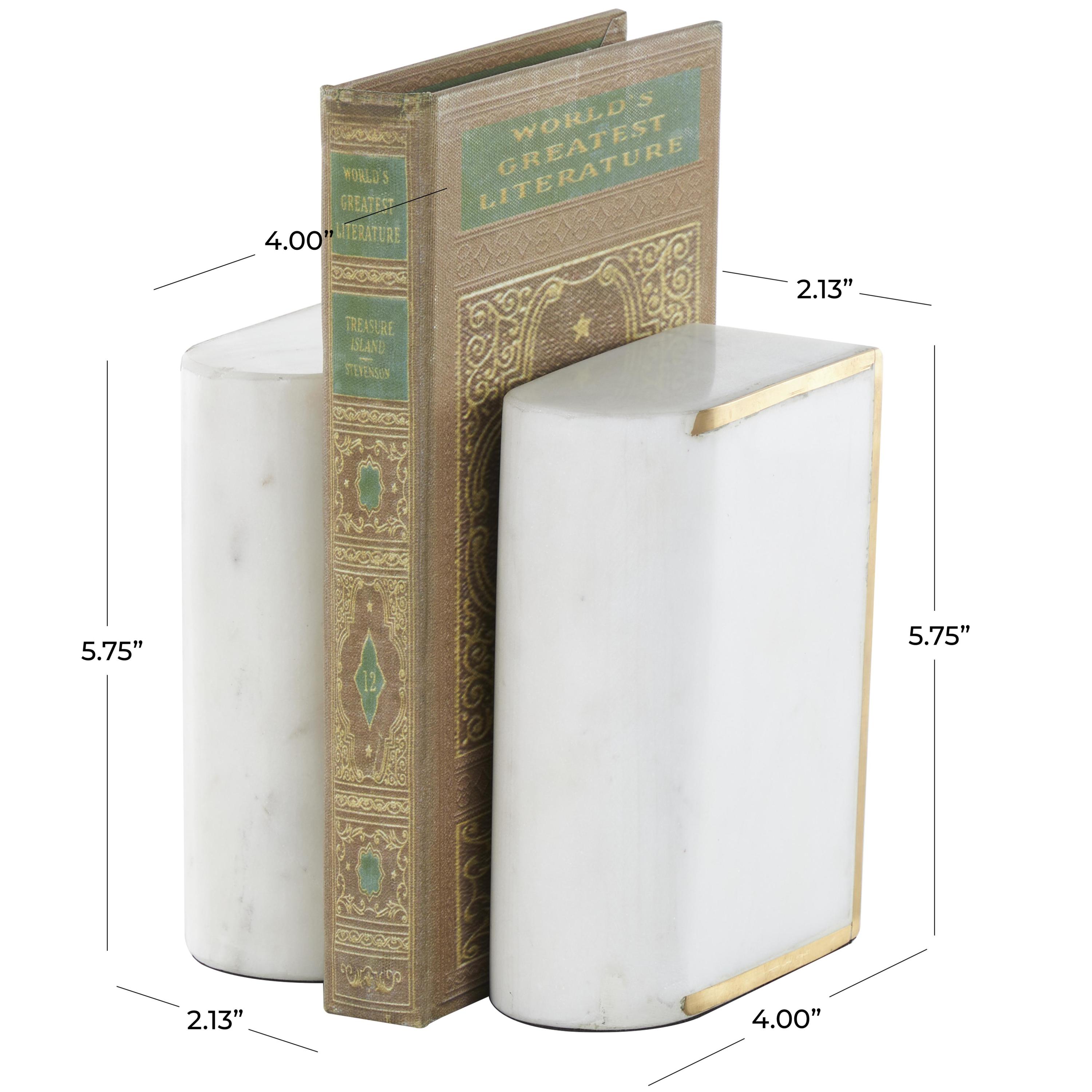 DecMode 4" Curved Rectangular White Marble Bookends with Gold Accents (Set of 2)