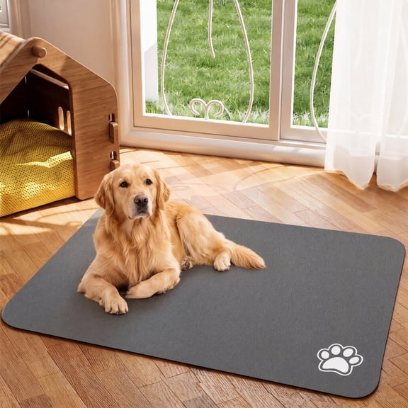 Dog Food & Water Bowl Mat for Messy Drinkers, Absorbent Pet Placemat - Quick Dry, Stain Resistant & Easy Clean (Dark Grey Paw, 16"x24")