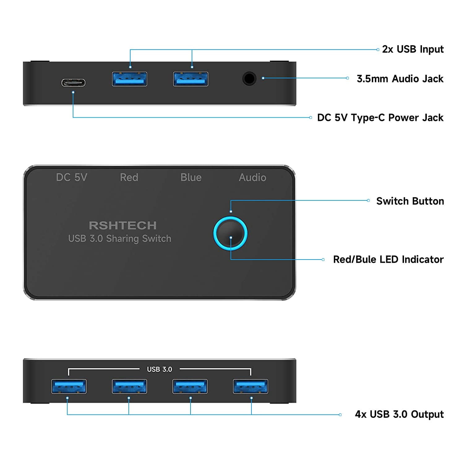 USB 3.0 Switch, RSHTECH 2 in 5 Out Aluminum Hub Selector for 2 Computers Sharing 4 USB Devices and 3.5mm Audio Output,RSH-A201