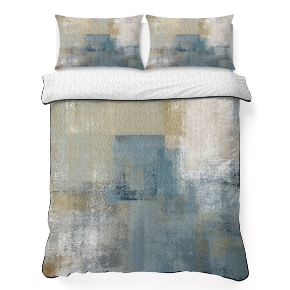 Twin Quilt Set 68''x86'', Blue Grey Beige Lightweight Summer Bedspread Coverlet Set with 2 Pillow Shams, Abstract Modern Art Oil Painting Breathable All Season Quilt Bedding for Dorm/Bedroom
