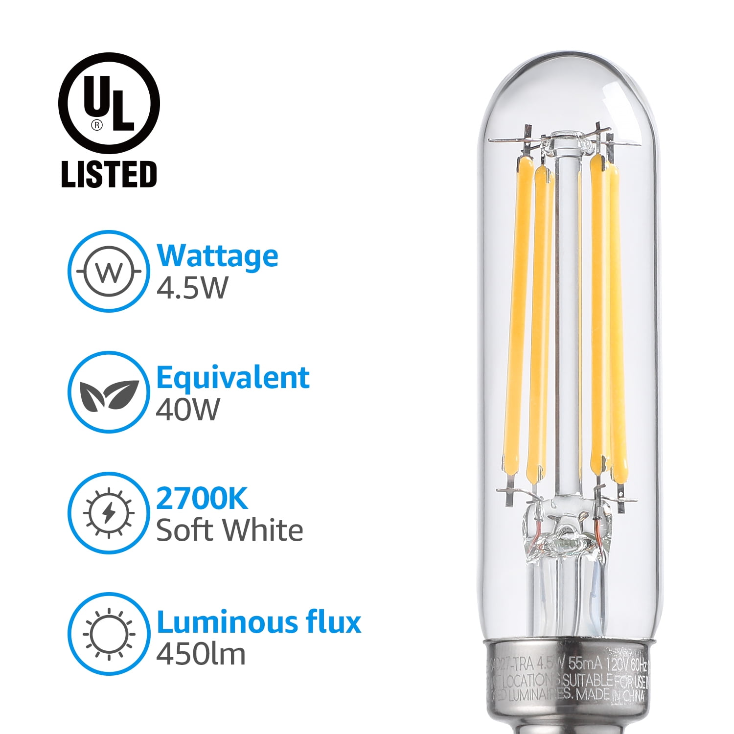 12 Pack T6 Candelabra Base Bulb, 4.5W(40W Equiv.), LED E12 Spiral Filament Bulb 2700K Soft White