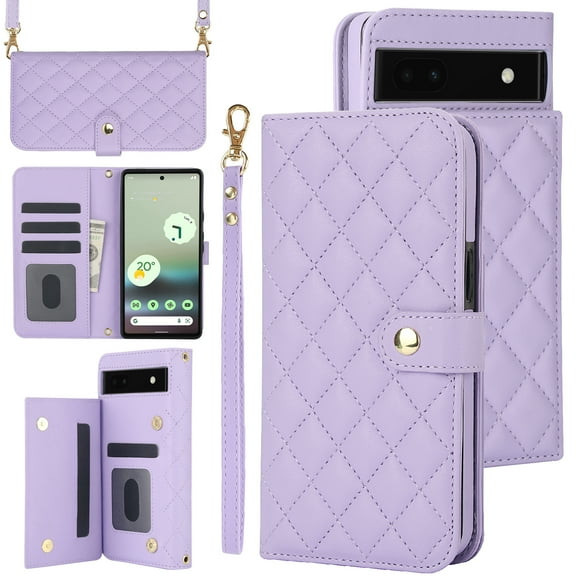Compatible with Google Pixel 6a Litchi Texture PU Leather Case with Card Holder Wrist Strap, Wallet Flip Cover for Google Pixel 6a Men/Women Crossbody Strap RFID Blocking Kickstand, Purple