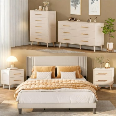 Bedroom Furniture Set - Includes Queen Bed Frame, Nightstands Set of 2, 5-Drawer Dresser & Double Wide 6-Drawer Dresser - Modern Storage Solution for Stylish Home Decor, Beige/White