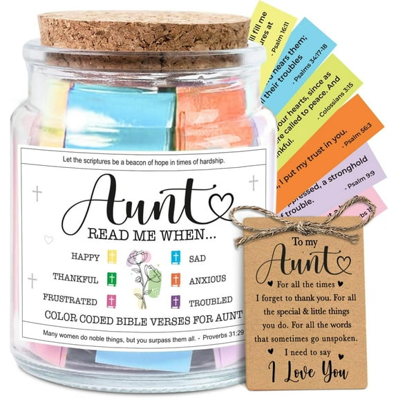 NewEleven Gifts For Aunt - Aunt Birthday Gifts From Niece, Newphew, Kids - Auntie Gift Ideas, Christian Gift For Aunt, Auntie - Decorative Glass Scripture Jar With 92 Bible Verse