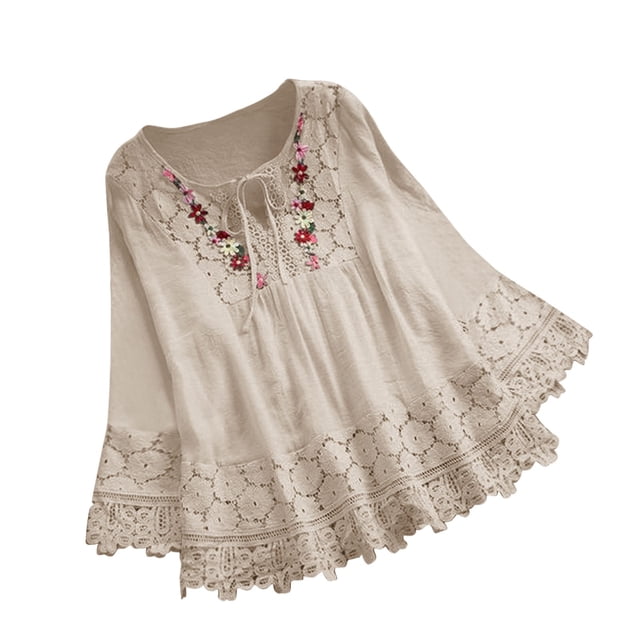 Timegard Hauts pour Femmes en Dentelle avec Cordon de Serrage, Col Rond, Manches Longues à Volants, Blouse Décontractée et Ample