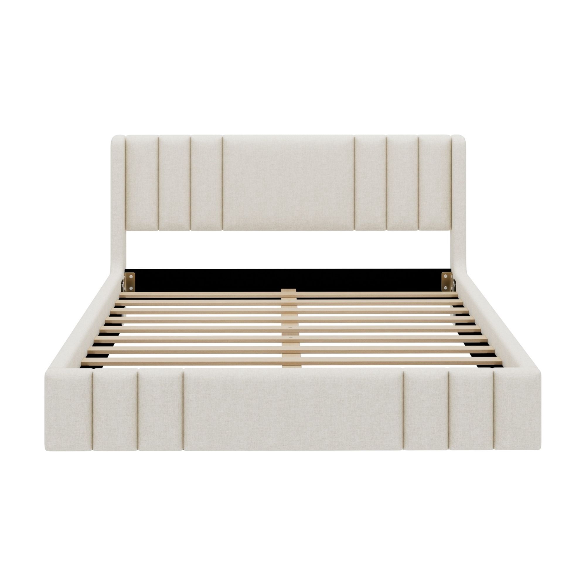 Euroco Queen Size Upholstery Platform Bed with Headboard, No Box Spring Needed, Beige