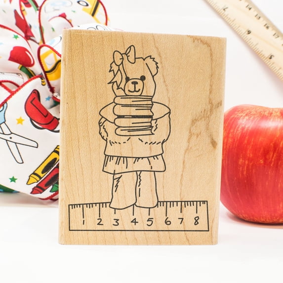 Bear with Ruler Art Rubber Stamp, Laser Engraved Craft Stamp on Wood Mounted Block, Size 1-3/4” x 1-3/4”, Made in USA