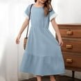 thumbnail image 5 of Girls Cotton-Linen Dresses 4-14 Years Short Sleeve Crewneck High Waisted Teens Juniors Lightweight Solid Color Layered Breathable Midi Dress, 5 of 7