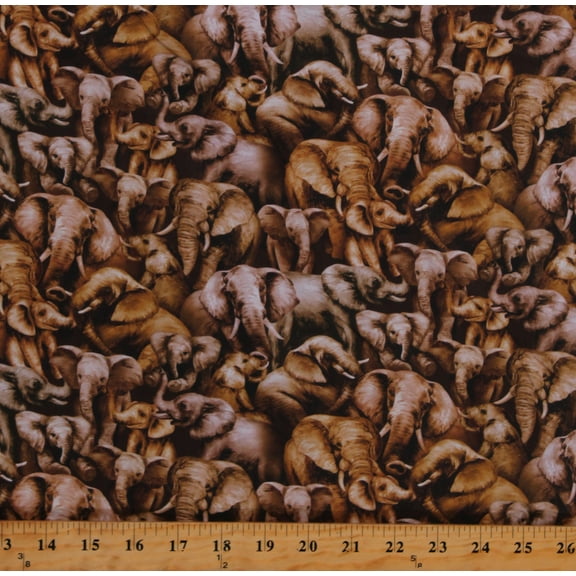Cotton Elephants African Animals Wildlife Brown Cotton Fabric Print by the Yard (OA59483-I)