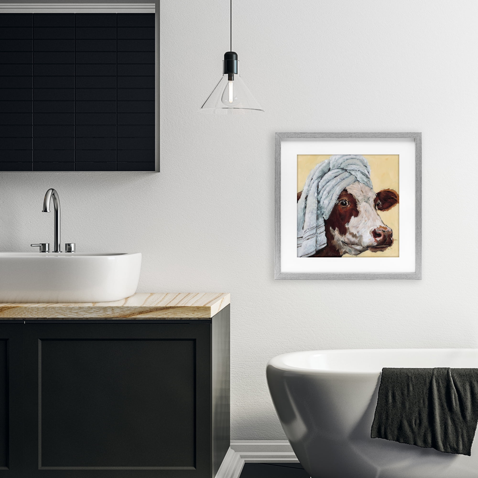 Stupell Industries Cow Spa with Towel Gray Framed Print Under Glass, design by Studio Bautista