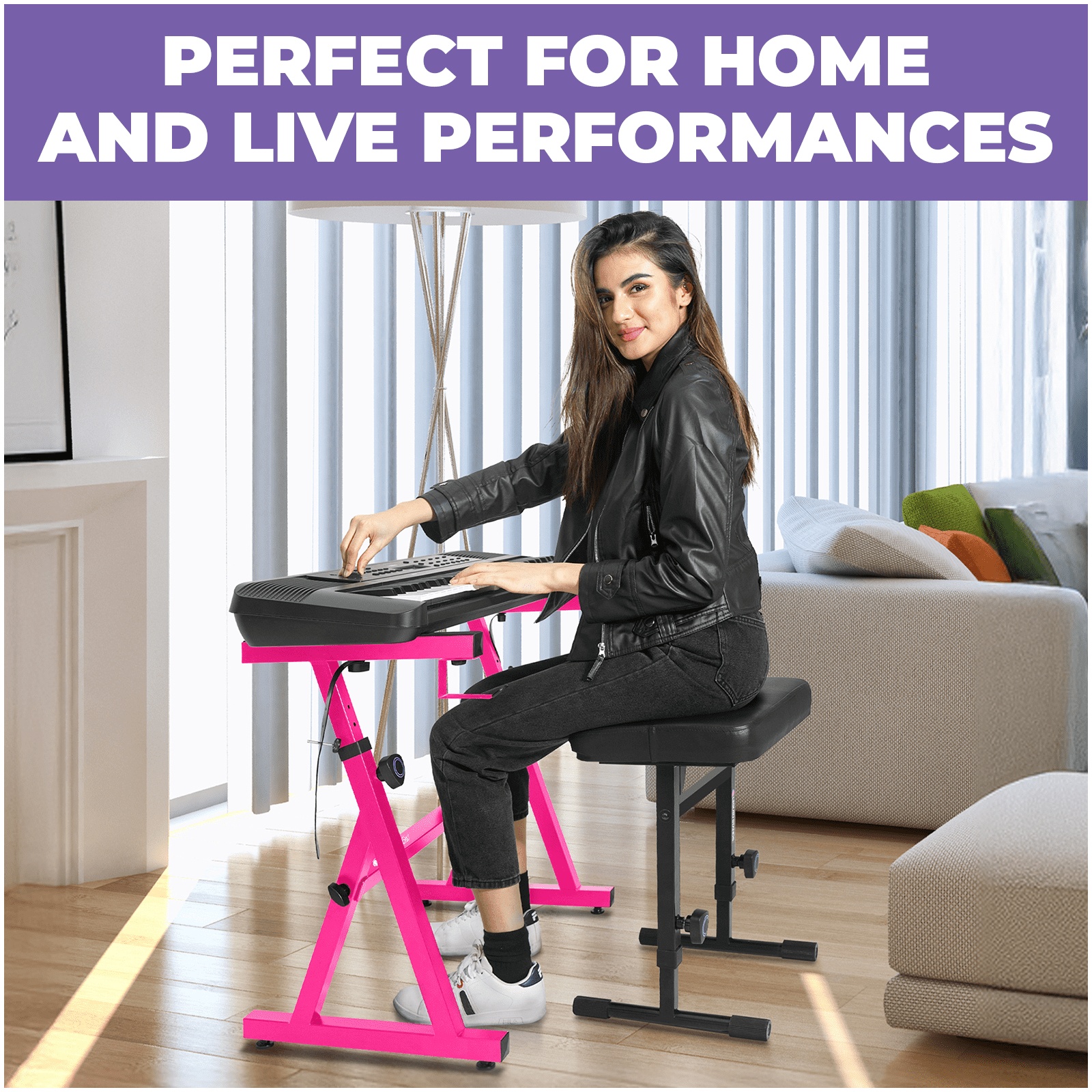 Liquid Stands Pink Piano Keyboard Stand and Bench Set - Portable Heavy Duty Digital Piano Stand for 54-88 Key Electric Pianos & Adjustable Piano Bench, Chair, Stool Sturdy Keyboard Music Stand Seat