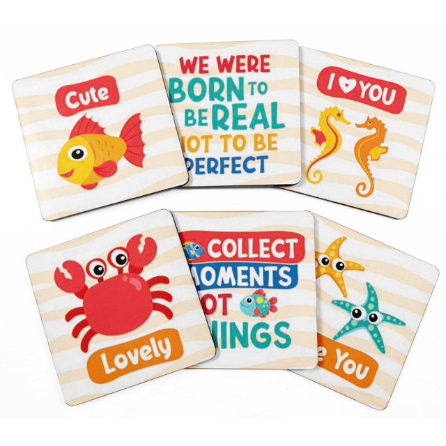 Inkdotpot Set of 6 Drink Coasters DecorativeNon,SlipCork Base4-inch Square PrintedCoastersEasy Clean- ocean