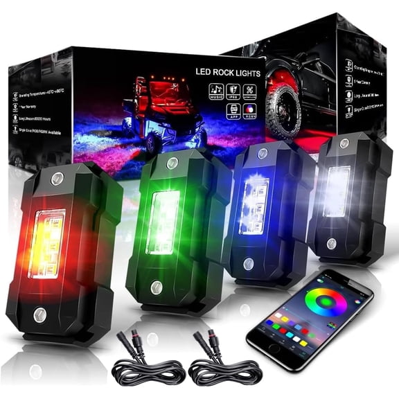 R4 RGBW LED Rock Lights Kit 4Pods with Bluetooth APP Controller for Trucks Off Road RZR ATV Super Bright Brake Light Underbody Multicolor Neon Lights Waterproof Shockproof