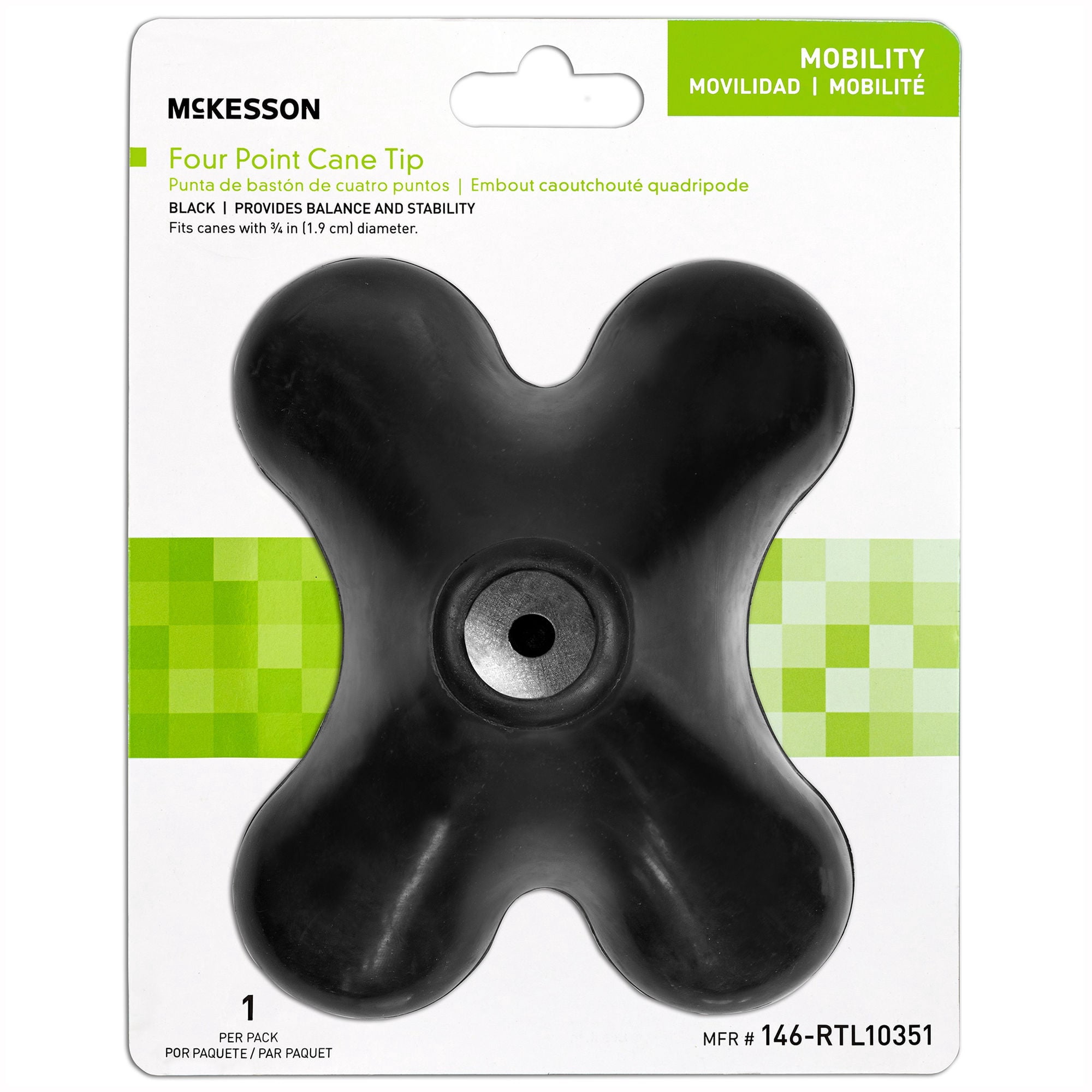 McKesson Black 4-Point Cane Tip, Self-Standing, 3/4 in Diameter, 1 Count, 10 Packs, 10 Total