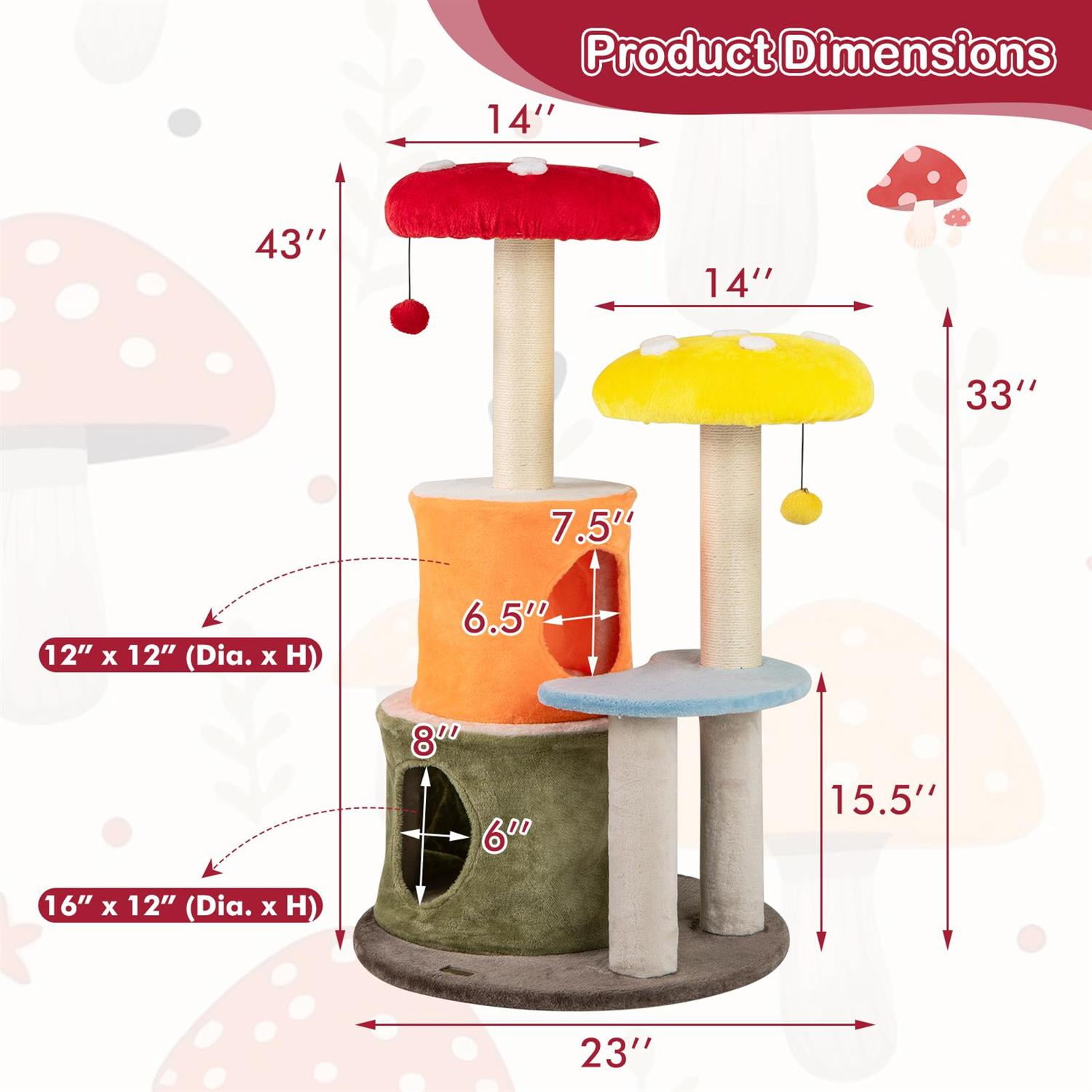 Pefilos 43" Tall Cute Cat Tree, 2 Condos & Padded Platforms, Sisal Scratching Posts, Multicolor