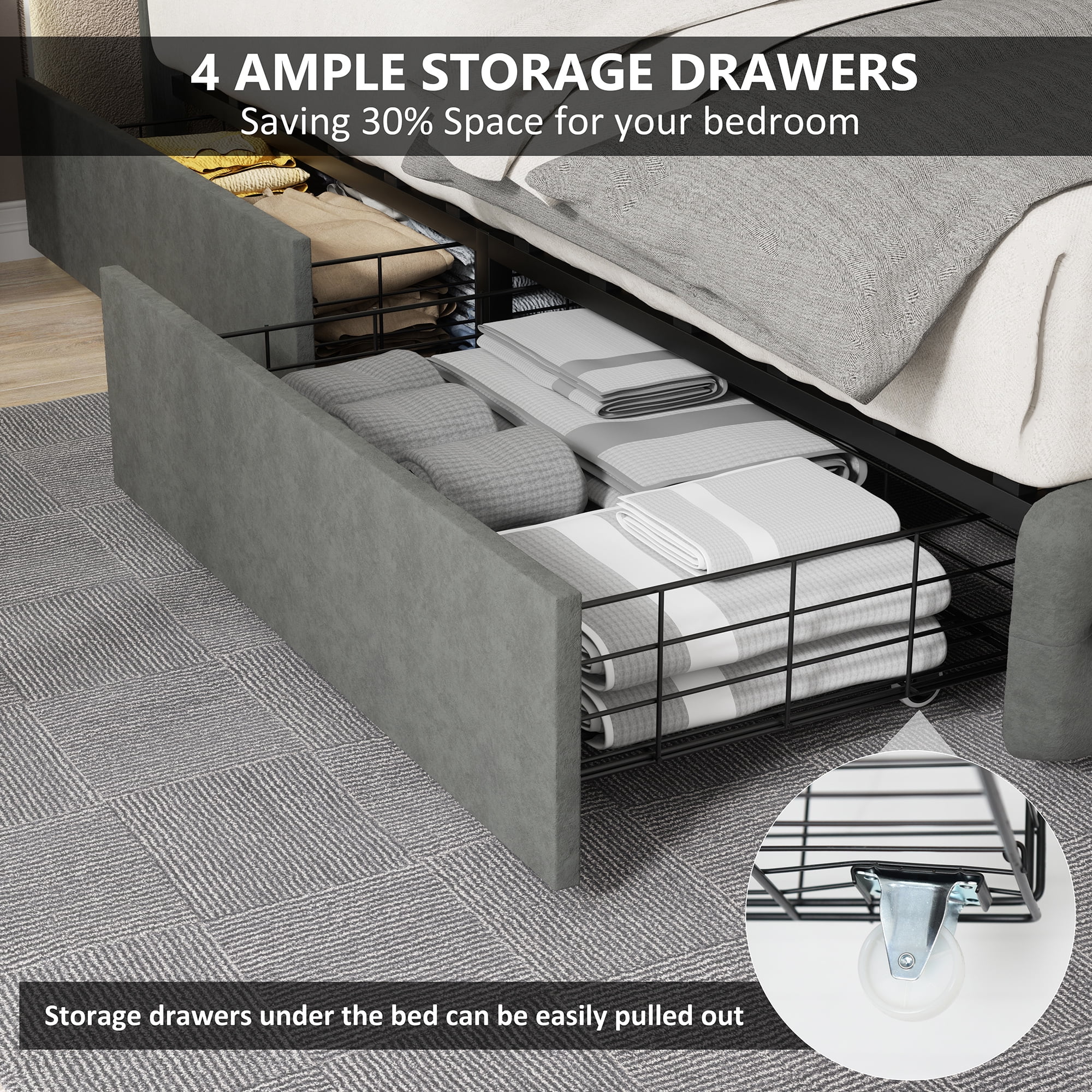 Full Bed Frame with 4 Storage Drawers, Upholstered Platform Bed Frame with Type-C & USB Ports, Adjustable Button Tufted Headboard, Mattress Foundation with Slats Support, No Box Spring Needed, Gray