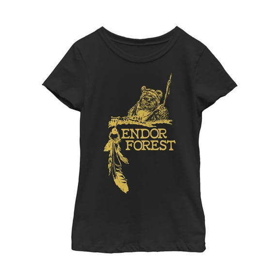 Girl's Star Wars Ewok Endor Forest Feather  Graphic Tee Black Small
