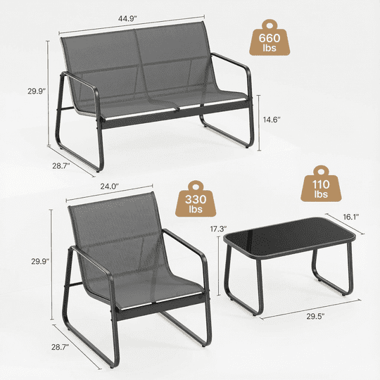 Aiho 4 Pieces Patio Furniture Set,Textilene Modern Conversation Set with Tea Table for Home,Lawn,Balcony, Bistro - Gray