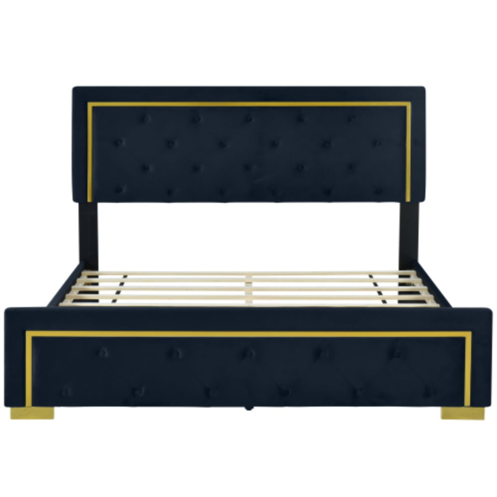 Queen Size Velvet Upholstered Platform Bed, Wood Bed Frame with Pull Point Headboard and Metal Wire Frame & Feet