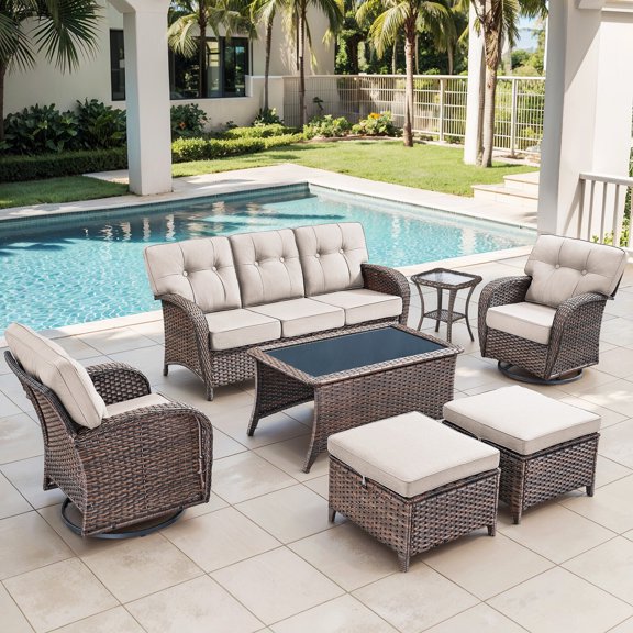 Bellefurn Luxury 7 Piece Outdoor Patio Wicker Furniture Sets with Swivel Rocker Patio Chairs,Sofa,Coffee Table and Ottomans,High Back Outdoor Conversation Set for Porch Balcony Deck
