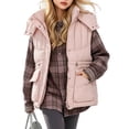 thumbnail image 2 of Puffer Vest for Teen Girl Detachable Hood Sleeveless Padded Gilet Zip Snap Cargo Flap Pockets Adjustable Waist Warm Winter Outerwear Waistcoat, 2 of 7