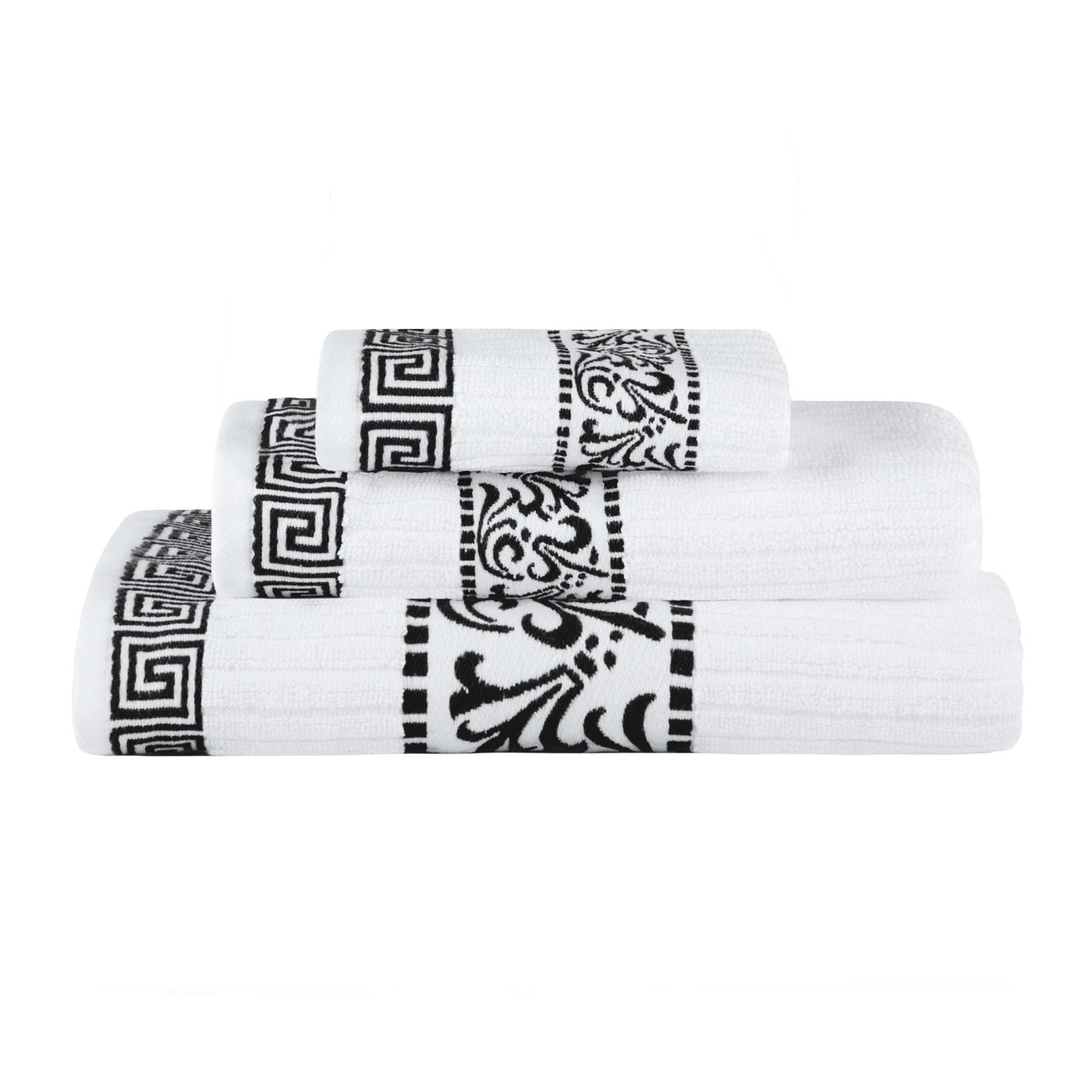 BNM Cotton Greek Scroll 3 Piece Towel Set, White/Black