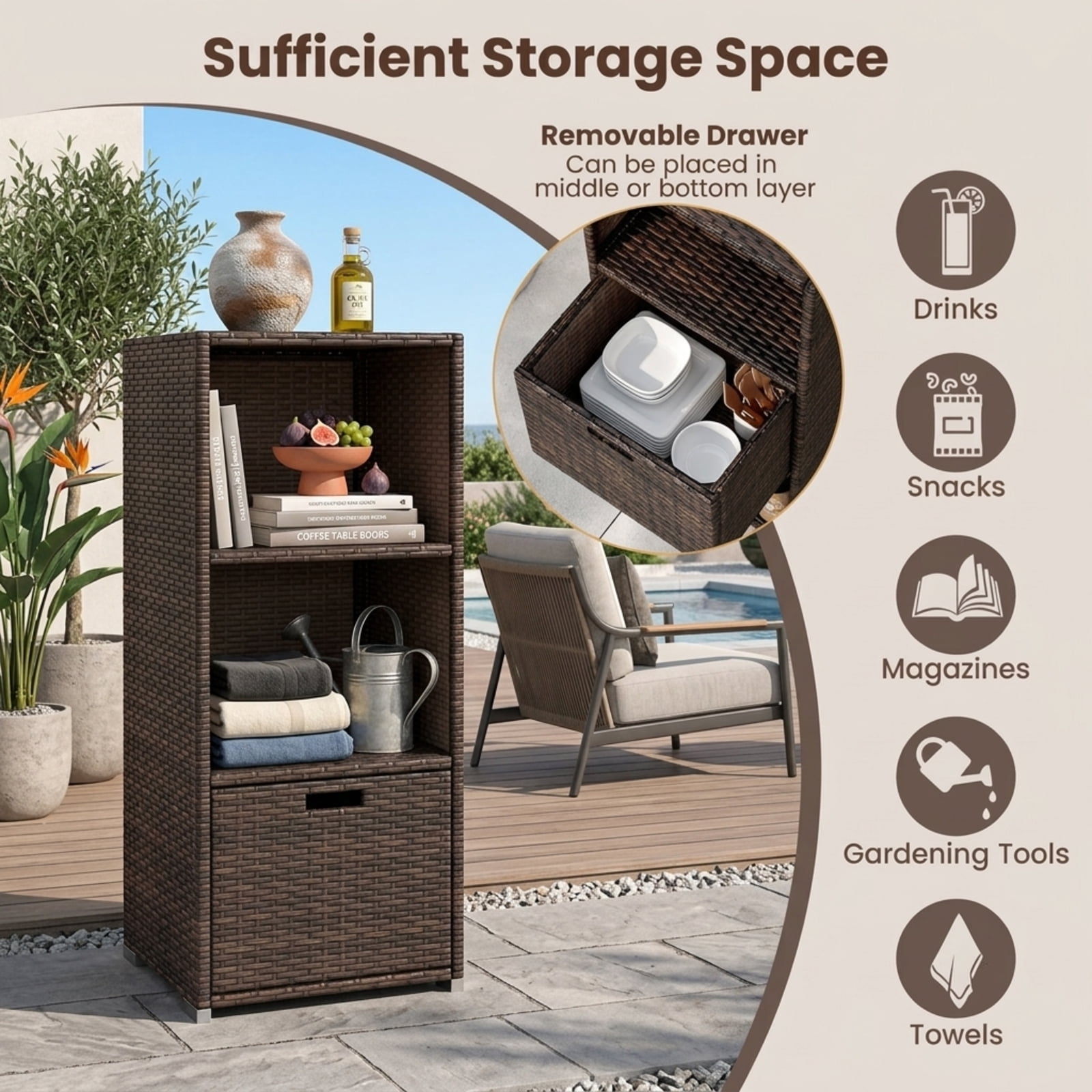 Biotree Outdoor Storage Cabinet with Drawer and 3 Shelves for Patio Porch Poolside Backyard, Brown