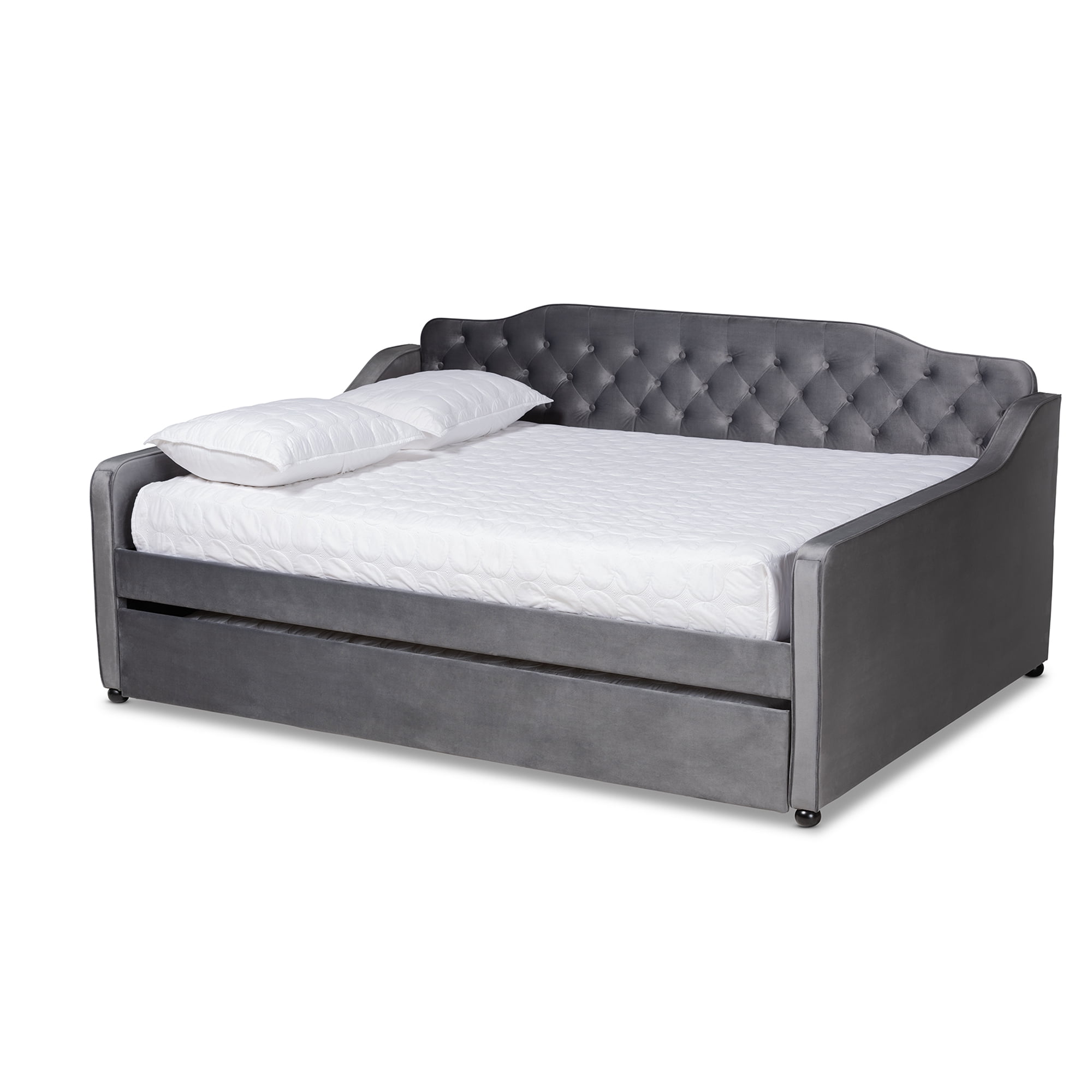 Baxton Studio Freda Transitional and Contemporary Grey Velvet Upholstered and Button Tufted Queen Size Daybed with Trundle