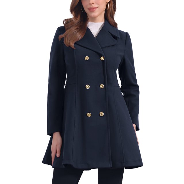 Abrigo largo de invierno INSPIRE CHIC para mujer, con cuello de solapa y doble botonadura, color azul oscuro
