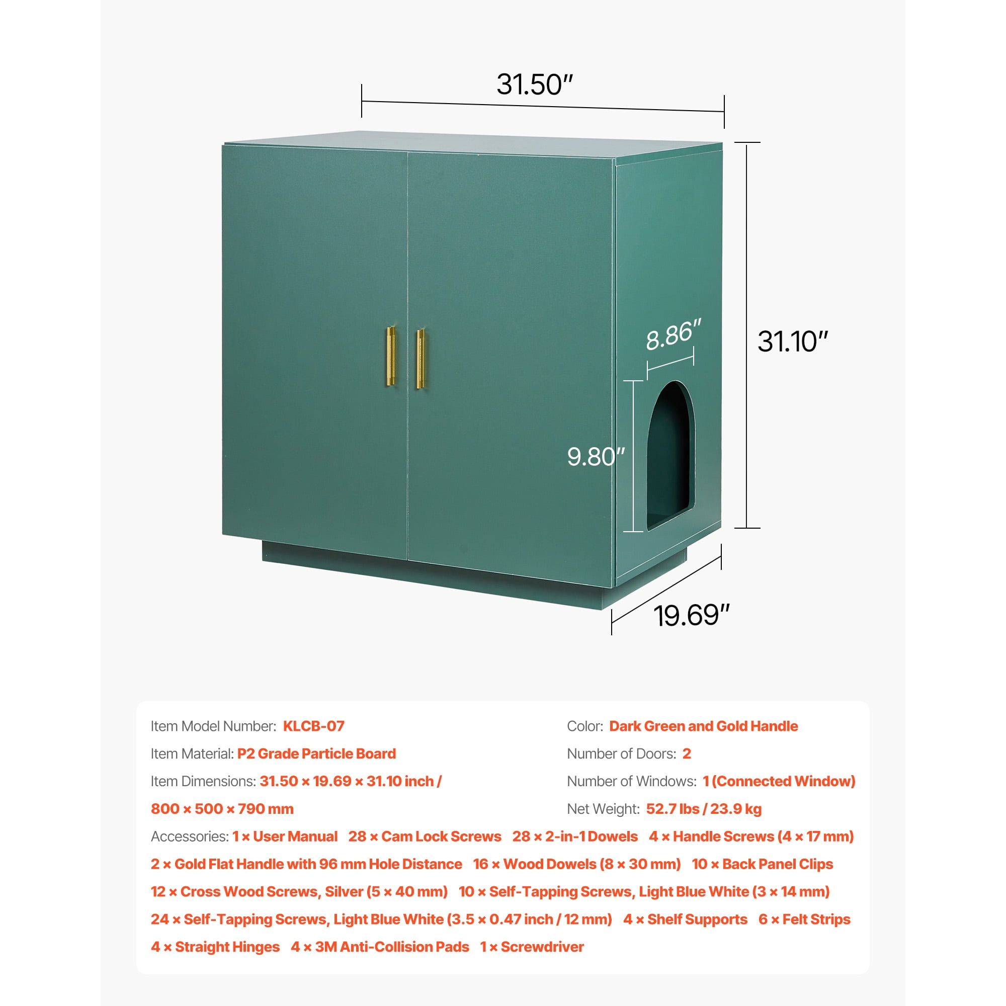 KFFKFF Wooden Cat Litter Box Cabinet, 31.5 in Hidden Enclosure with Ventilation Holes, Double-Door Indoor Cat Washroom, Multifunctional Pet Furniture and Side Table Compatible with Most Litter Boxes