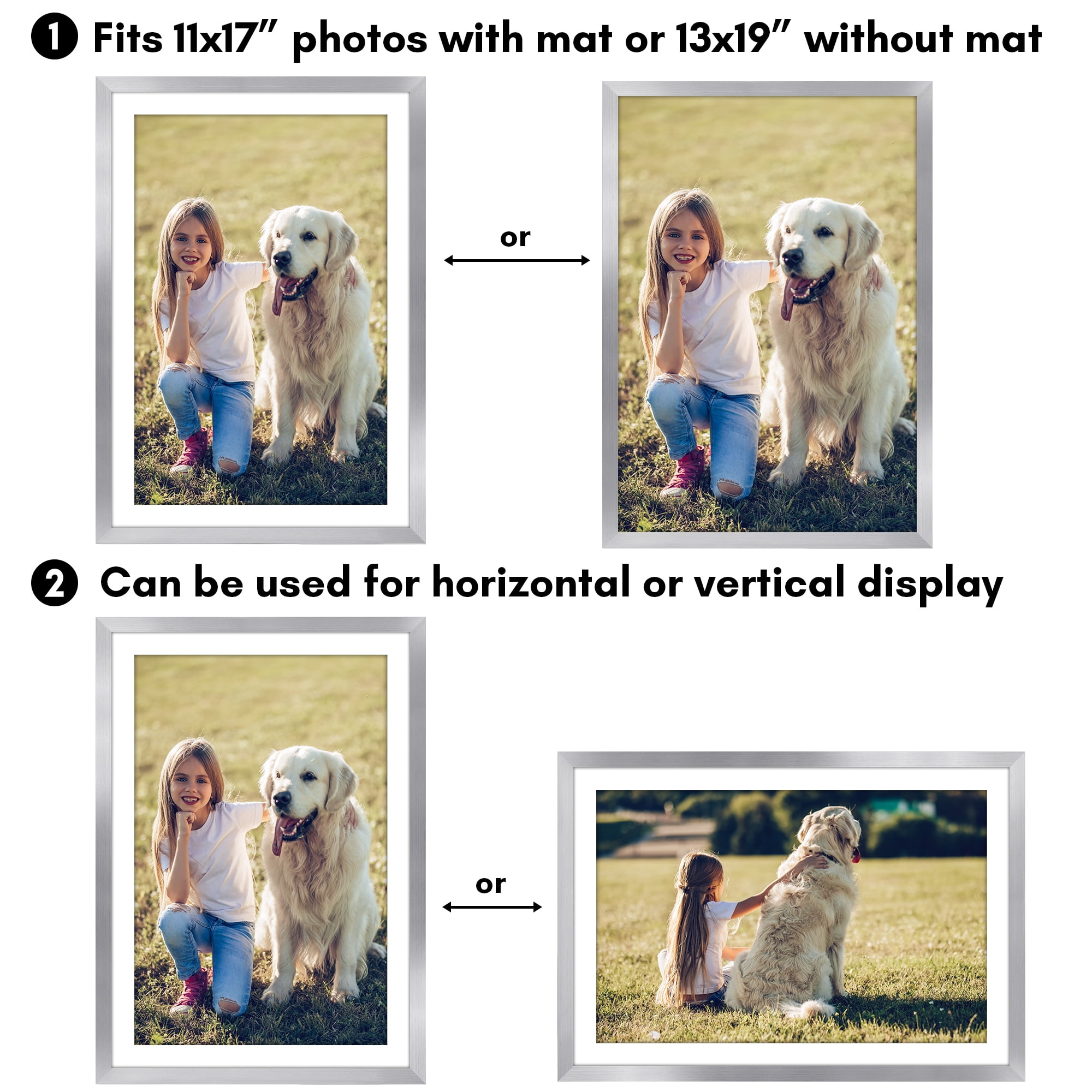 Americanflat 13x19 Picture Frame with Polished Plexiglass with 11x17 Mat 2 Pack Display Photo Frames - Silver