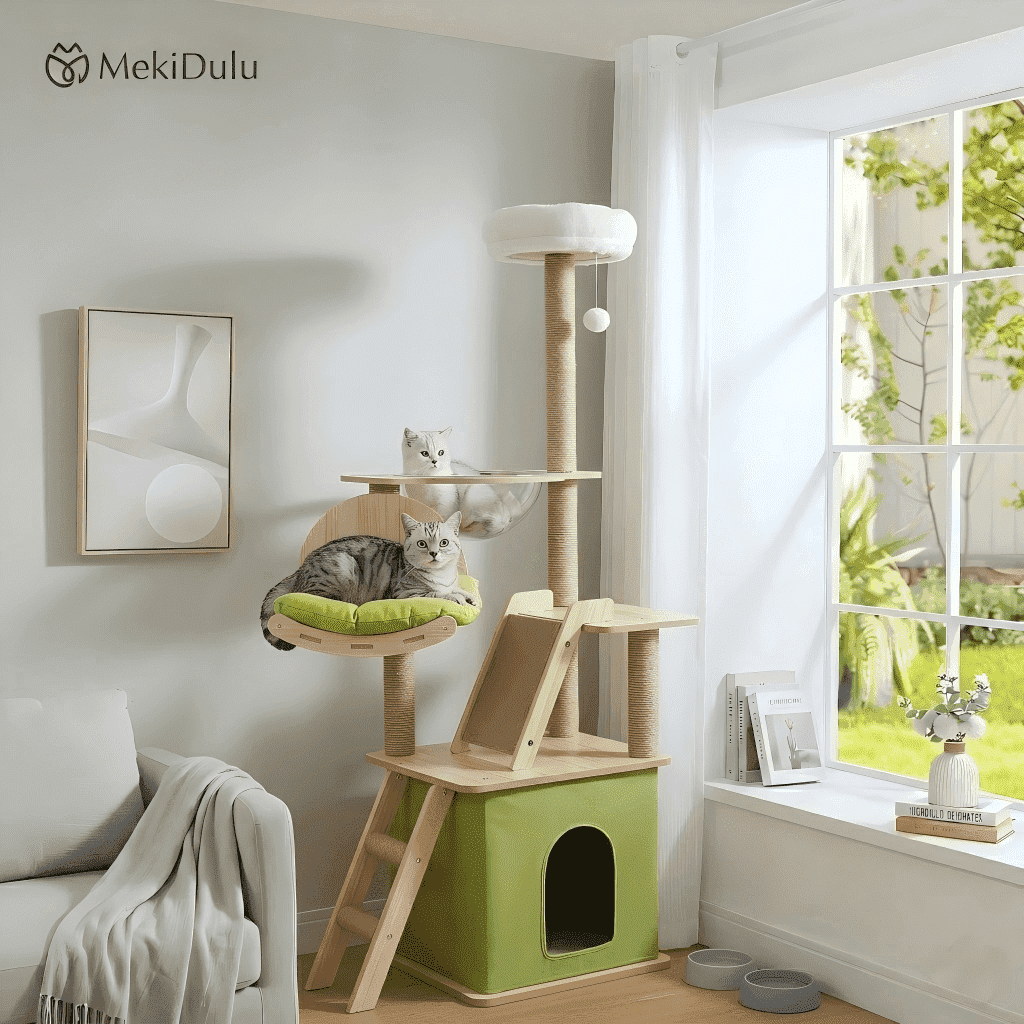 Mekidulu 59in Green Wood Cat Tree Tower, Modern Pet Furniture for Large Cats