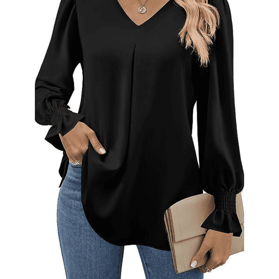 PPCHVOY Chiffon Blouses For Women Dressy Casual V-Neck Bell Sleeve Going Out Tops Womens Tops Loose Fit Elegant Business Outfits
