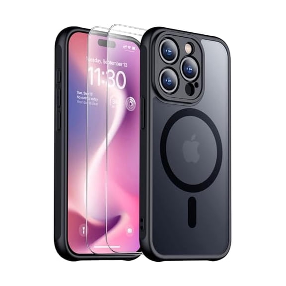 Eryueer for iPhone 15 Pro Case, Magnetic Translucent Matte Case with 2PCS Tempered Glass Screen Protector Slim Phone Case for iPhone 15 Pro 6.1'', Black
