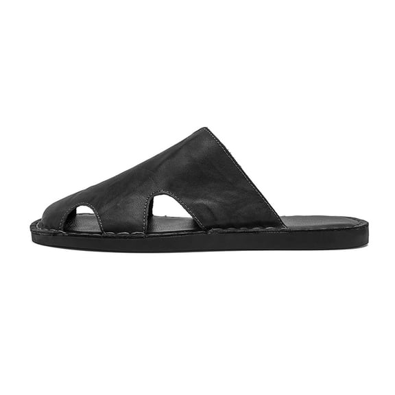 Men's Closed-Toe Brown Leather Slide Sandals, Casual Summer Slippers