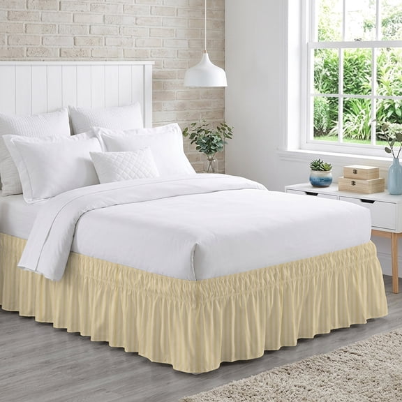 Lemon Yellow Stripes Bed Skirt Queen Size 16 Inch Drop, Modern Striped Minimalist Abstract Adjustable Elastic Dust Ruffles Bedskirt for Queen Bed Wrap Around Pleated Mattress Frame Cover