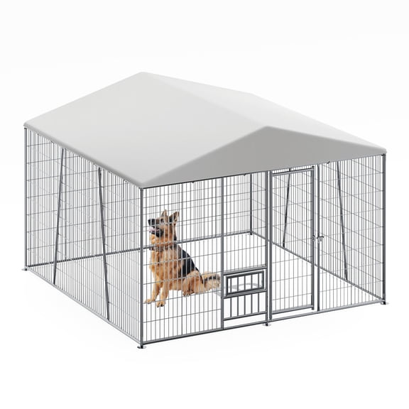 Heavy-Duty Outdoor Dog Kennel 10x10 Ft with Waterproof Roof, Large Metal Pet Run with Feeding Bowl & Secure Lock, Easy-Assemble, Extra Large, Silver