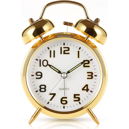 Super Loud for Heavy Sleepers,4 inches Twin Bell with Backlight,Battery Operated,Silent Non Ticking,for Kids,Adults,Bedrooms,Retro Decor Desk Analog Clocks. (Golden)