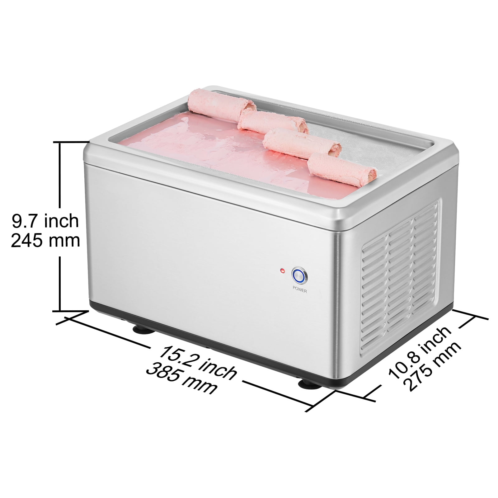 KFFKFF Ice Cream Roll Maker, 12.6" x 8.5" Pan for Stir-Fried Ice Cream, Stainless Steel with Compressor & 2 Scrapers, Ideal for Ice Cream, Frozen Yogurt, Ice Cream Rolls