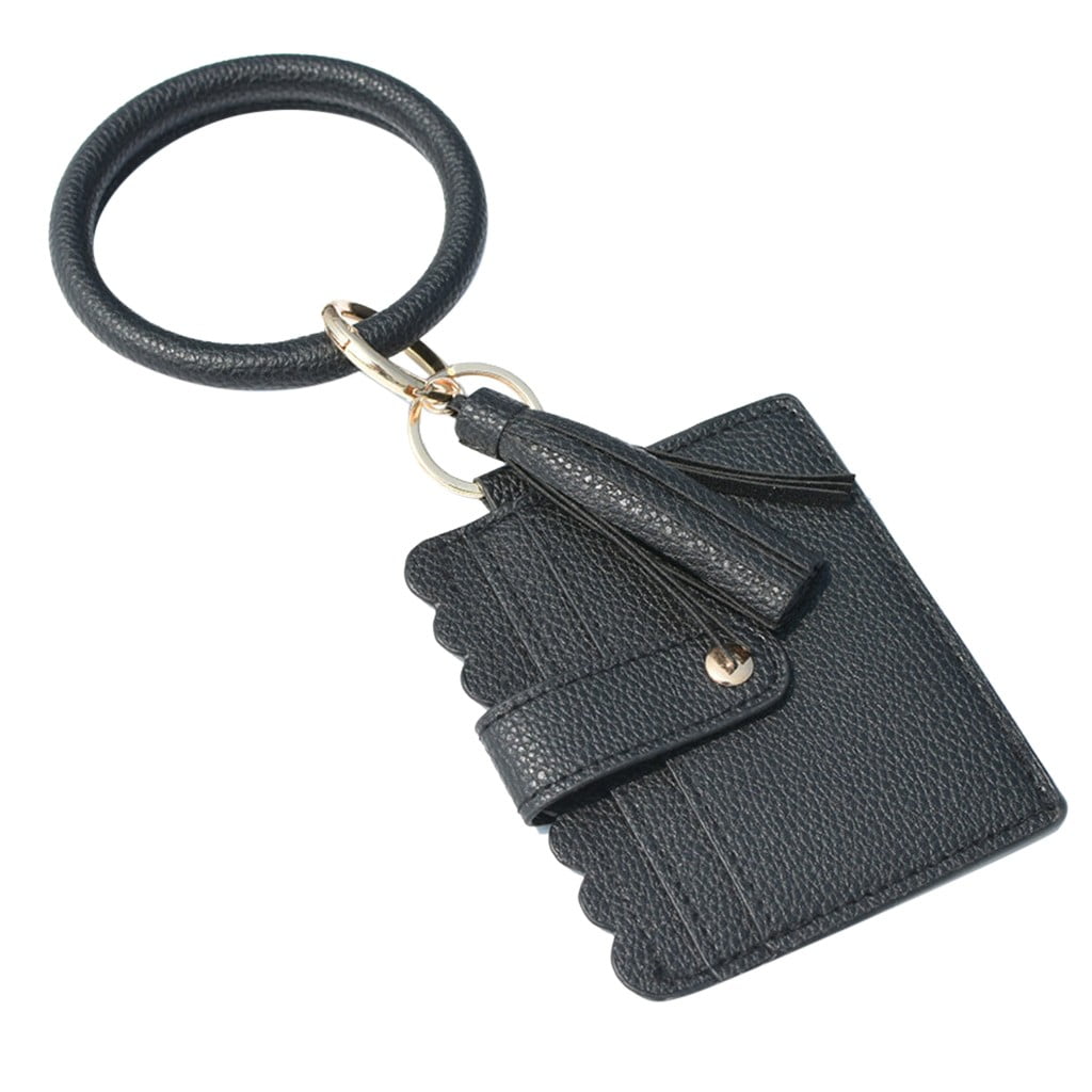 Black Leather Wristlet Keychain Bracelet with Tassel and Card Holder NEW 