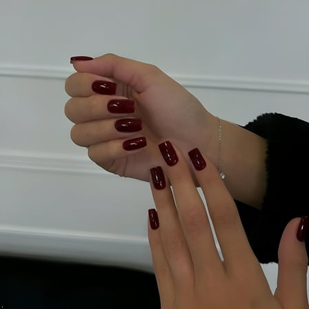 RAGUPEL Wine Red Press On Nails Short Medium Square, Thick Gel Fake Nails Medium, Glossy Pure Colored Acrylic Nails Glue on, Natural Short Coffin Stick on Nails Press ons Suitable For Women Girls