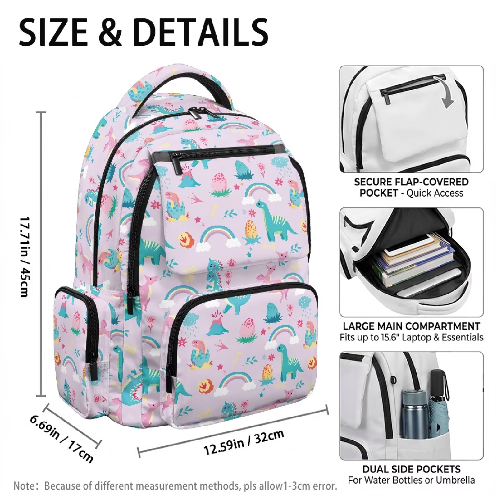 Mochila escolar arcoíris de dinosaurio púrpura para niños y niñas de 5-16 años, gran capacidad, múltiples bolsillos, resistente al agua, correas acolchadas ajustables, ligera 6